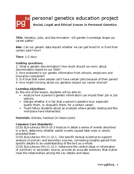 Genetics, Jobs and Your Rights Lesson Plan