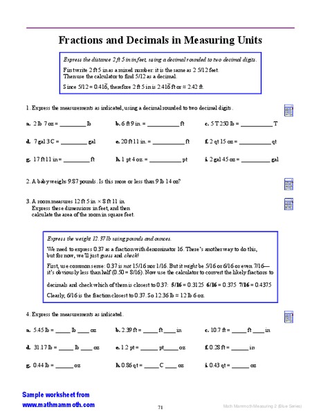 Fractions and Decimals in Measuring Units Worksheet