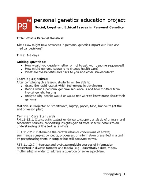 Introduction to Personal Genetics Lesson Plan