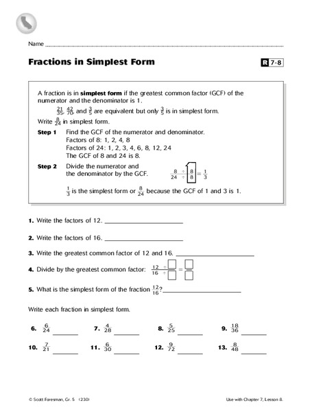 Fractions in Simplest Form Worksheet