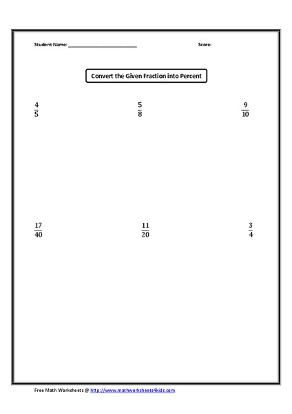 Fractions to Percents Worksheet
