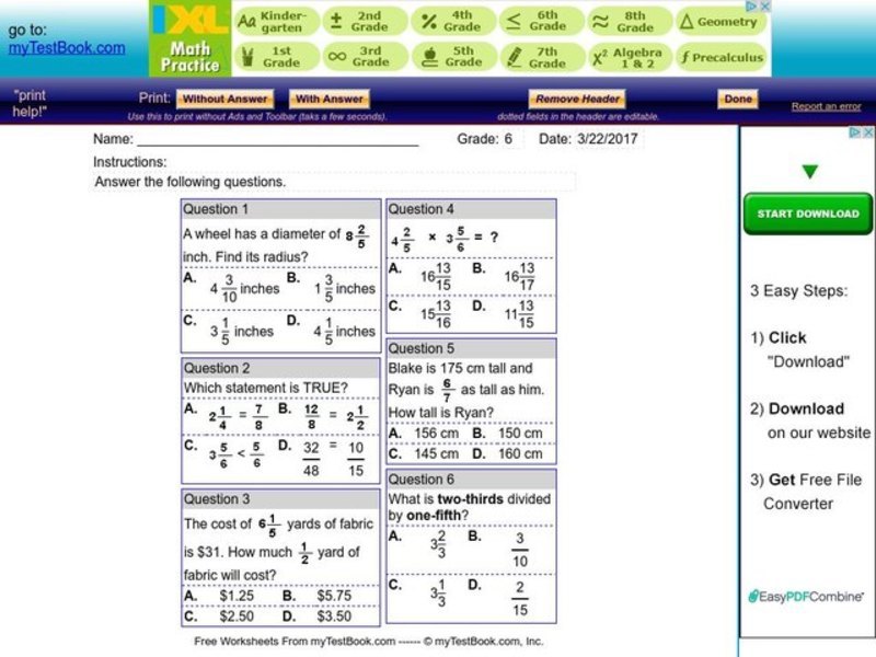 Fractions Word Problems Worksheet