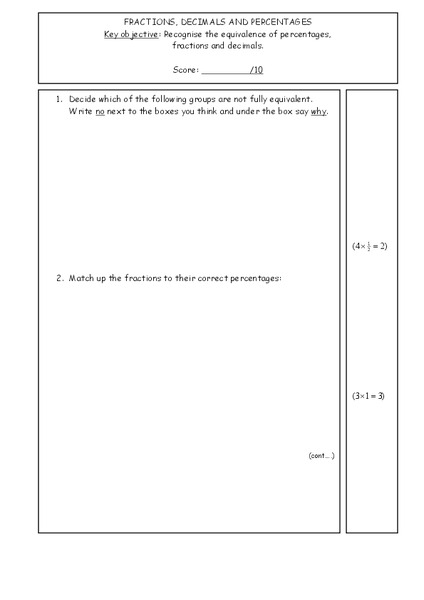 Fractions, Decimals and Percentages Worksheet