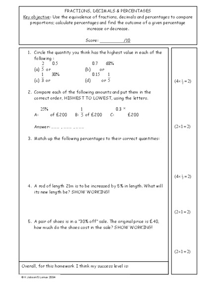 Fractions, Decimals and Percentages Worksheet