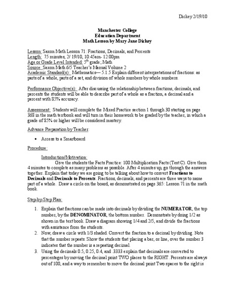 Fractions, Decimals and Percents Lesson Plan