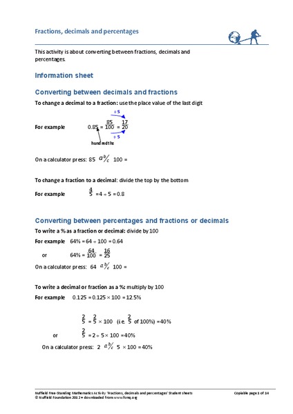 Fractions, Decimals and Percentages Handout
