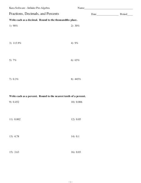 Fractions, Decimals, and Percents Worksheet