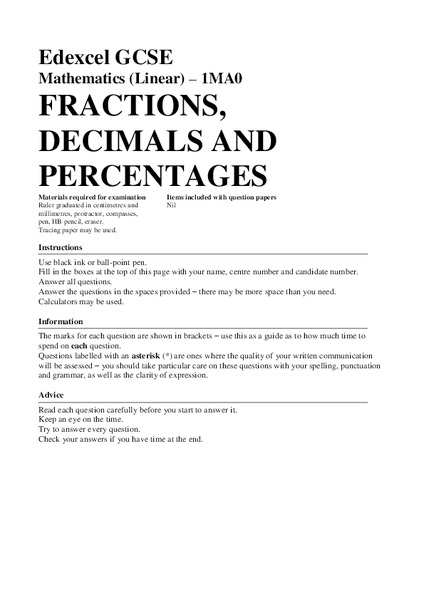 Fractions, Decimals, and Percentages Assessment