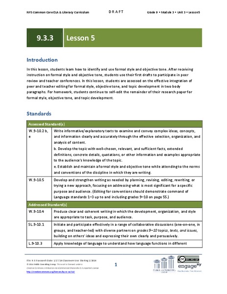 Grade 9 ELA Module 3, Unit 3, Lesson 5 Lesson Plan