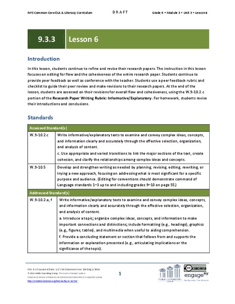 Grade 9 ELA Module 3, Unit 3, Lesson 6 Lesson Plan