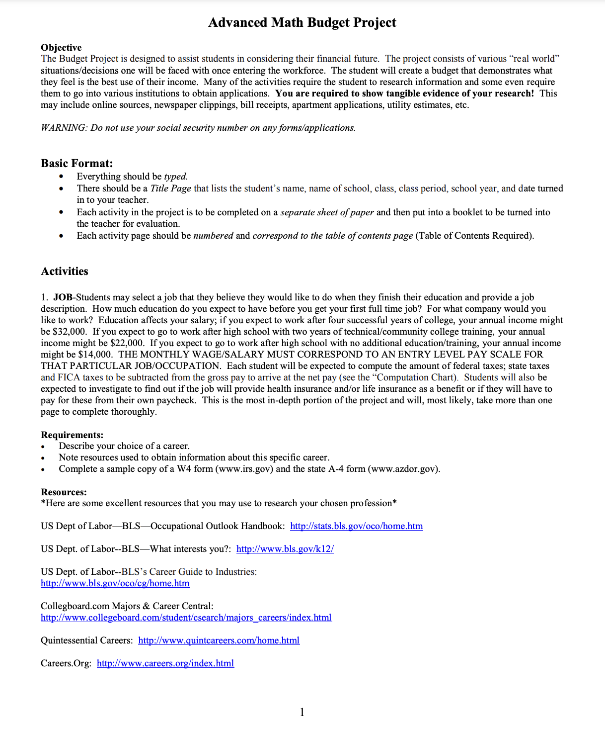 Advanced Math Budget Project Activity