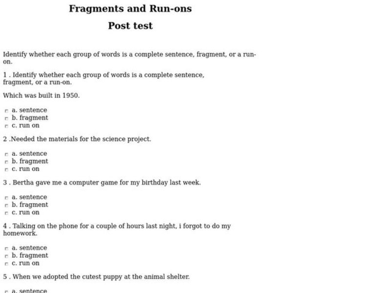 Fragments and Run-ons Worksheet