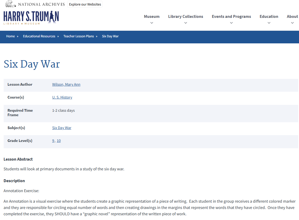 Six Day War Lesson Plan