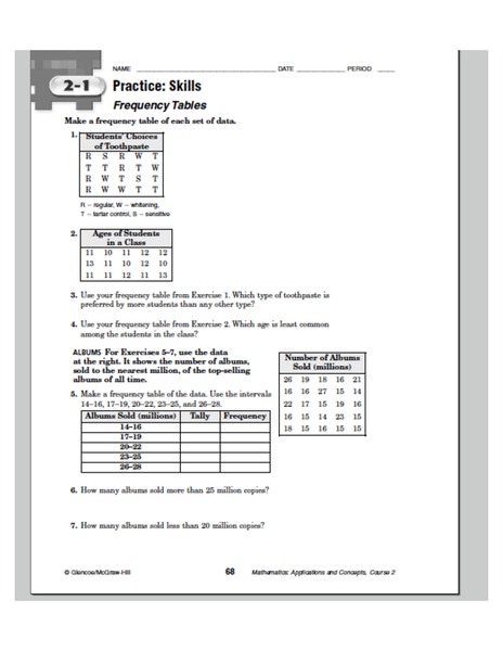 Frequency Table Worksheet