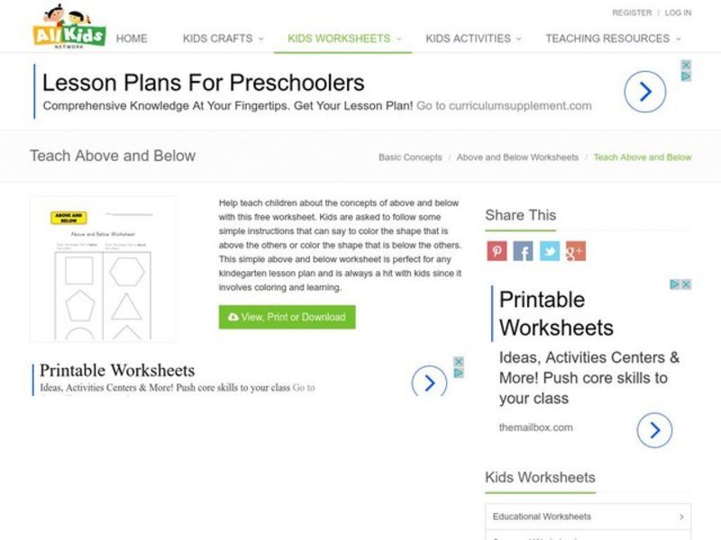 Above and Below Worksheet
