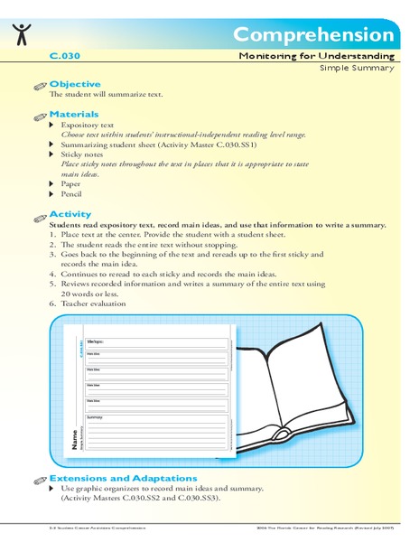Comprehension: Monitoring for Understanding, Simple Summary Activity