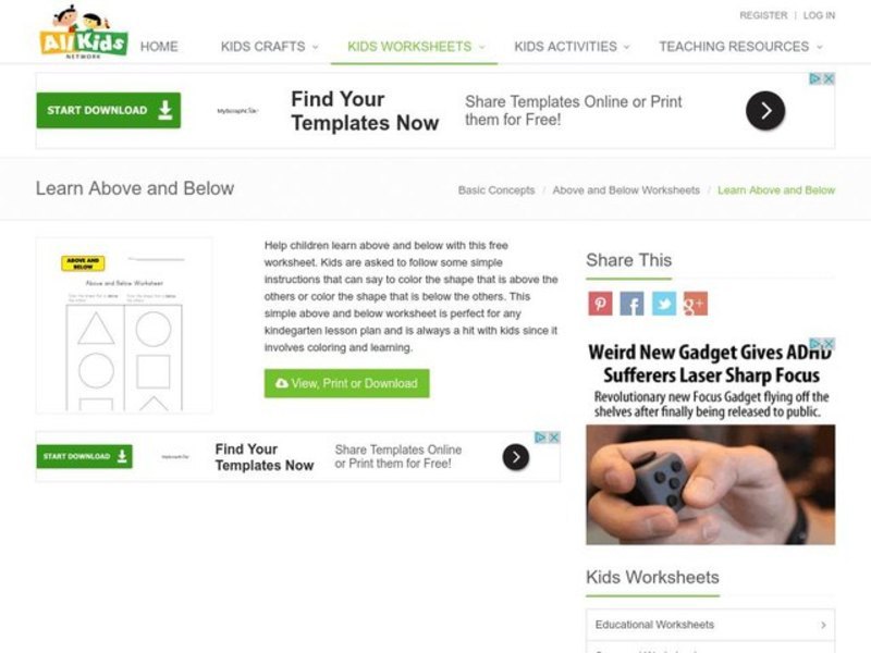 Above and Below Worksheet Worksheet