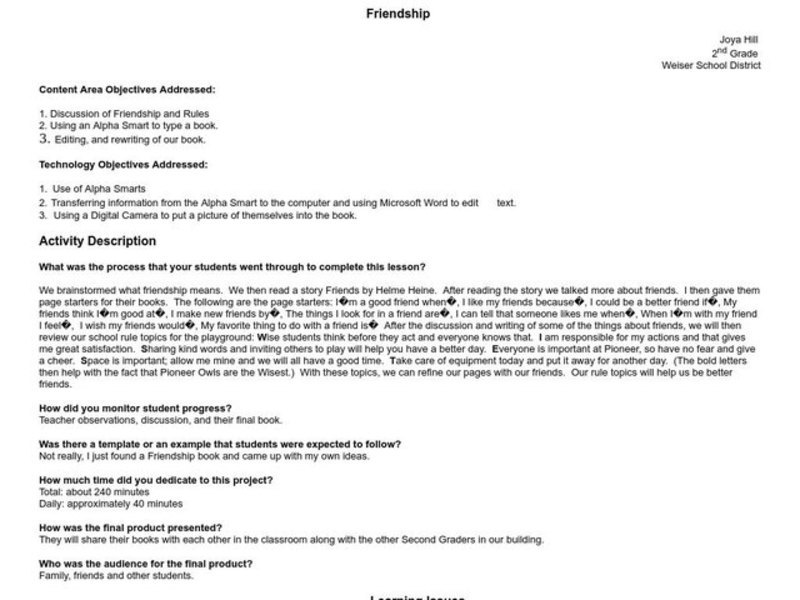 Friendship Lesson Plan