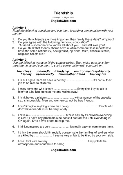 Friendship Worksheet