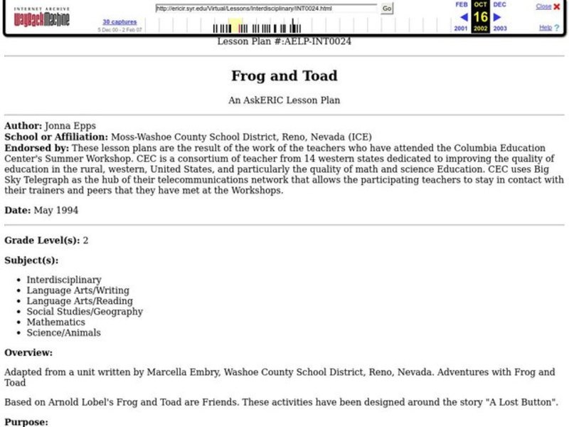 Frog and Toad Lesson Plan