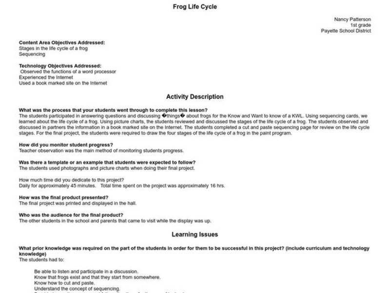 Frog Life Cycle Lesson Plan