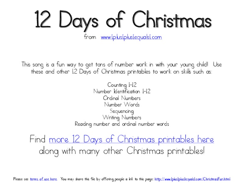12 Days of Christmas 12 days of Christmas, Christmas, number sequence, numbers Worksheet