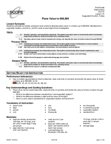 Place Value to 999,999 Lesson Plan
