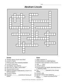 Abraham Lincoln Crossword Worksheet
