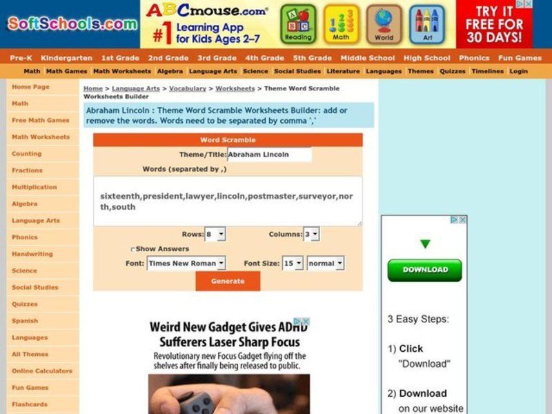 Abraham Lincoln Word Search Worksheet