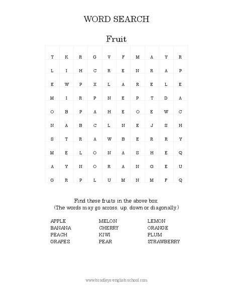 Fruit Word Search Worksheet