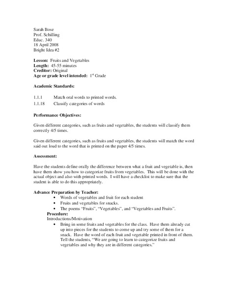 Fruits and Vegetables Lesson Plan