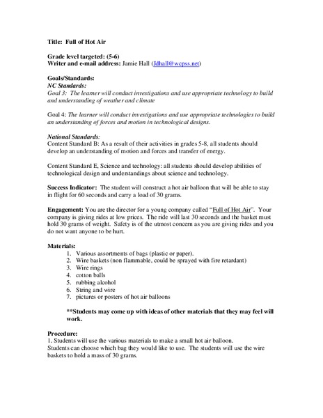 Full of Hot Air Lesson Plan