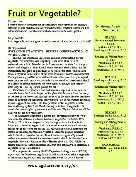 Fruit or Vegetable? Lesson Plan