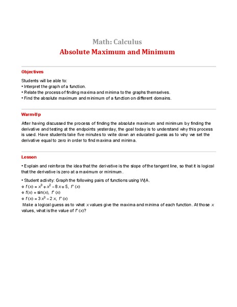 Absolute Maximum and Minimum Lesson Plan