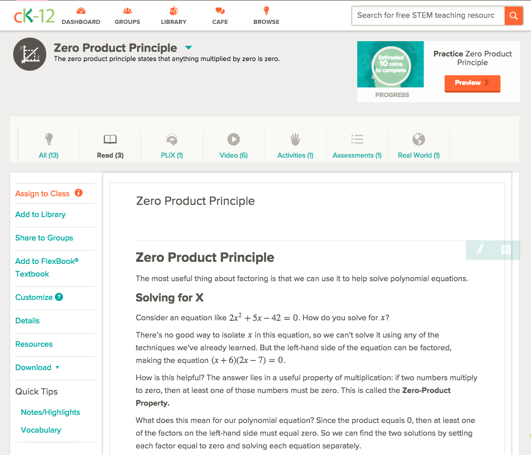 Zero Product Principle Lesson Plan
