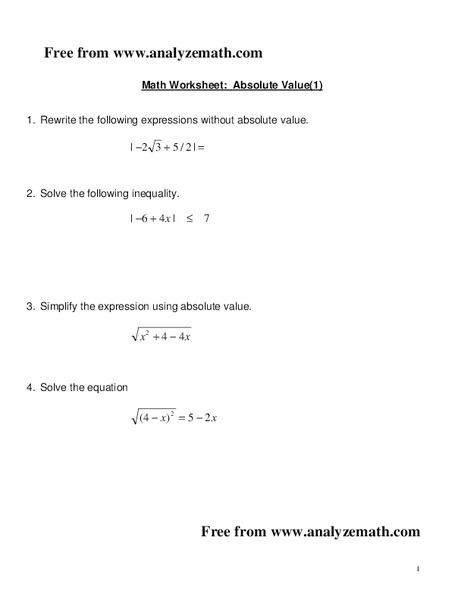 Absolute Value Worksheet