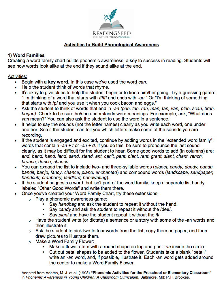 Activities to Build Phonological Awareness Activity