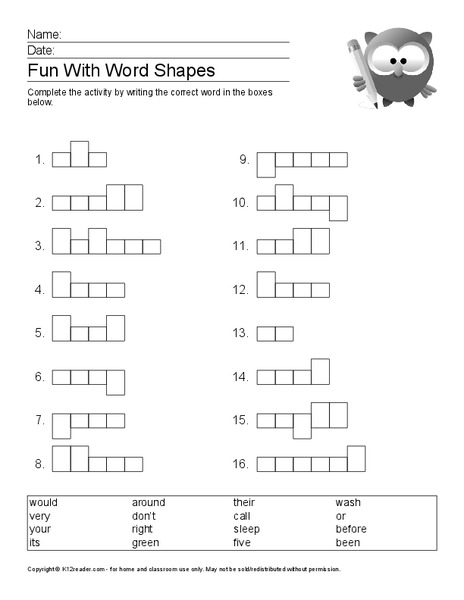 Fun with Word Shapes Worksheet