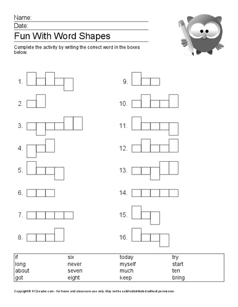 Fun with Word Shapes Worksheet