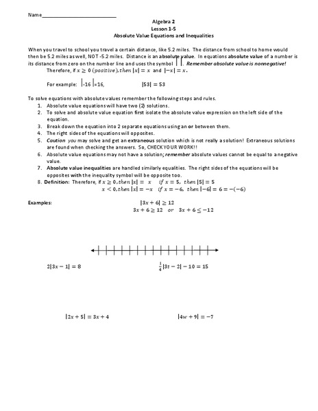 Absolute Value Equations and Inequalities Worksheet