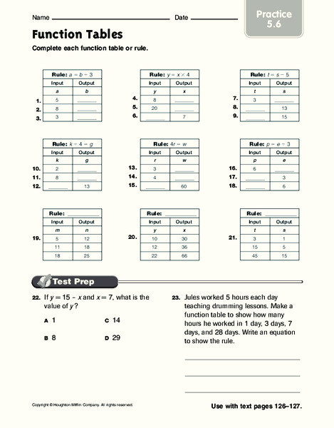 Function Tables Worksheet