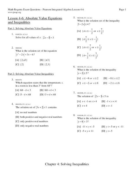 Absolute Value Equations and Inequalities Worksheet