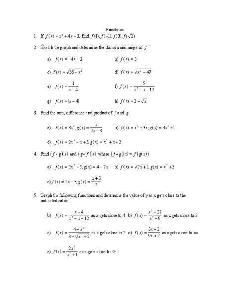 Functions Worksheet