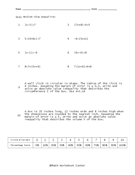 Absolute Value Inequalities Worksheet
