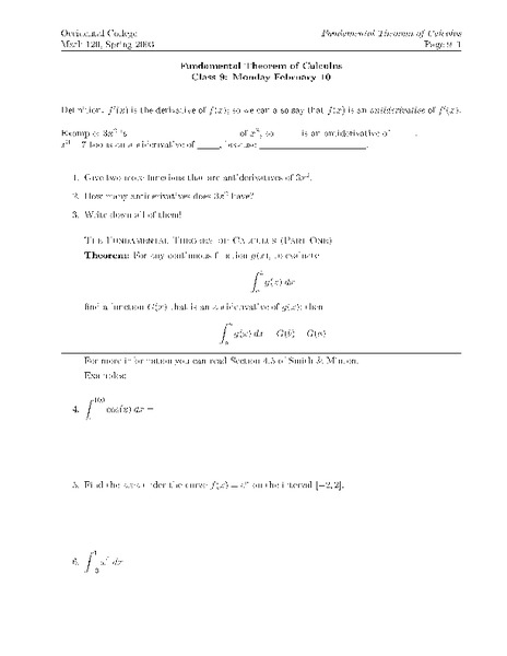 Fundamental Theorem of Calculus Worksheet