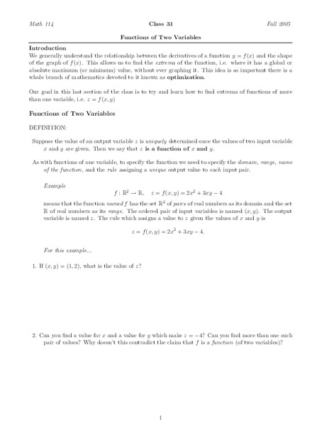 Functions of Two Variables Worksheet