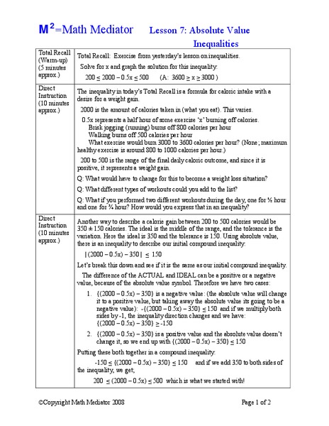 Absolute Value Inequalities Lesson Plan