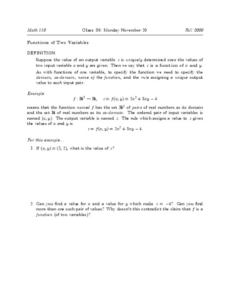Functions of Two Variables Worksheet