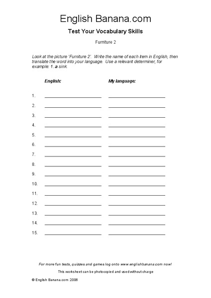 Furniture Worksheet
