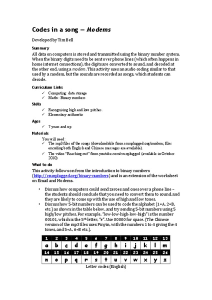 Codes in a Song—Modems Activity